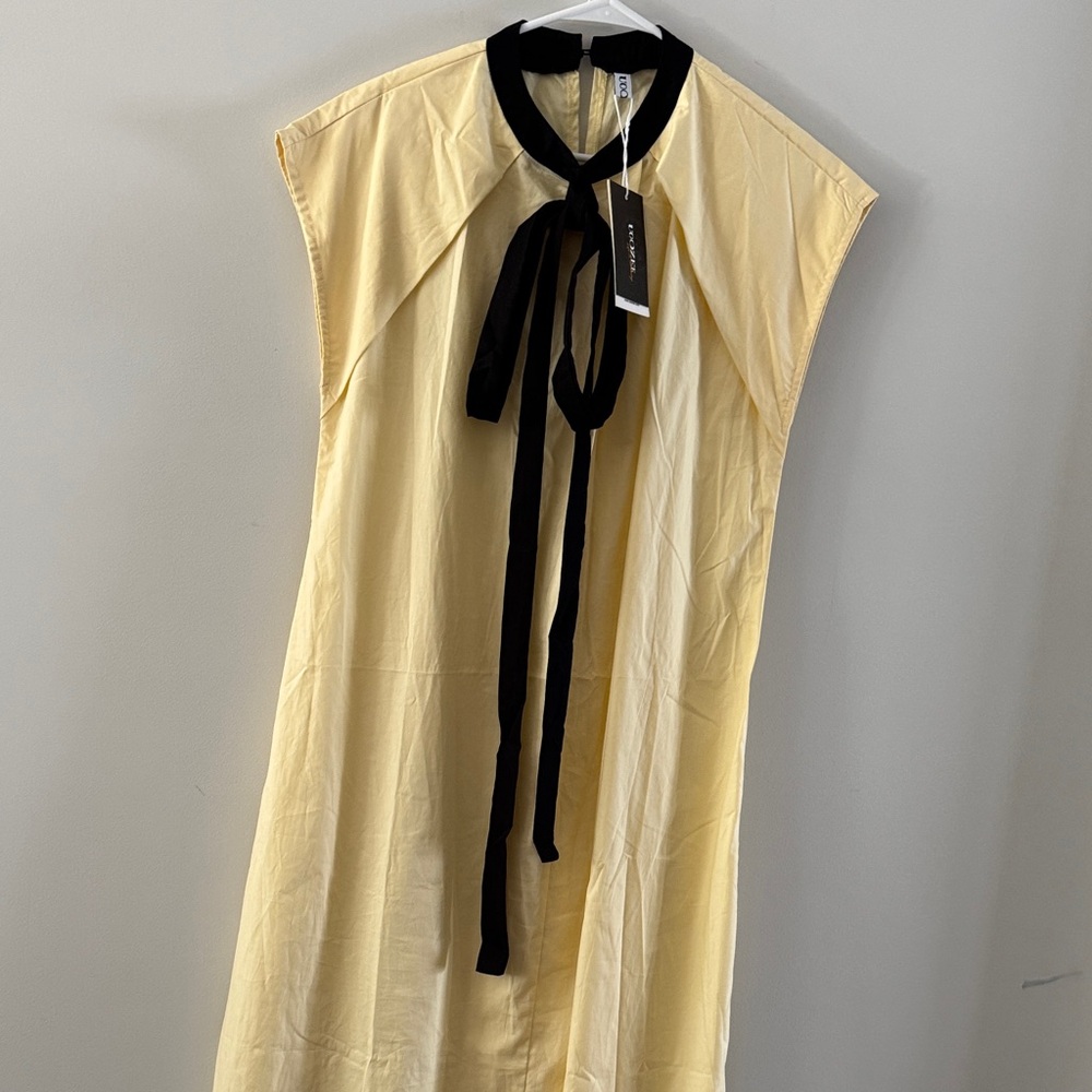 Cap Sleeve Yellow Midi Dress with Black Tie Neck